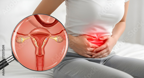 Woman experiencing severe menstrual cramps pain lower abdomen discomfort healthcare medical illustration reproductive health gynecology female