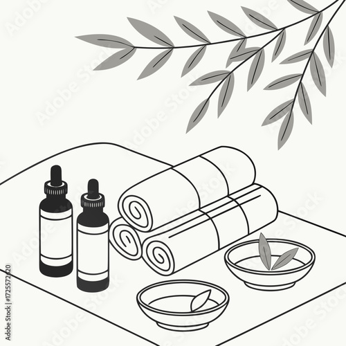 Spa essentials with rolled towels and essential oil bottles