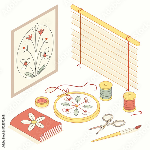 Embroidery and craft supplies for a creative hobby
