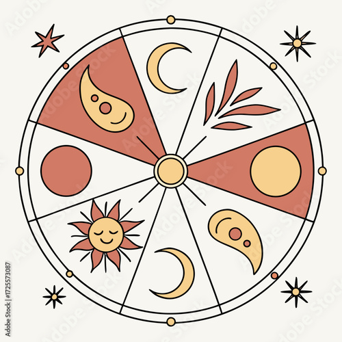 Celestial wheel of symbols with sun moon stars and abstract shapes