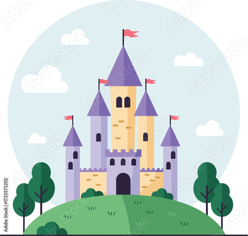 Magical castle on a hilltop surrounded by trees and clouds charming fantasy landscape isolated on transparent background