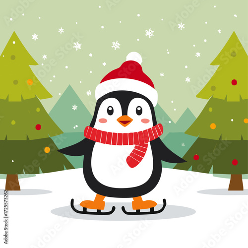 Cute penguin on ice skates on the background of winter trees winter vector illustration. Children's image of a winter character on a skating rink in the forest. Christmas background for postcards and	
