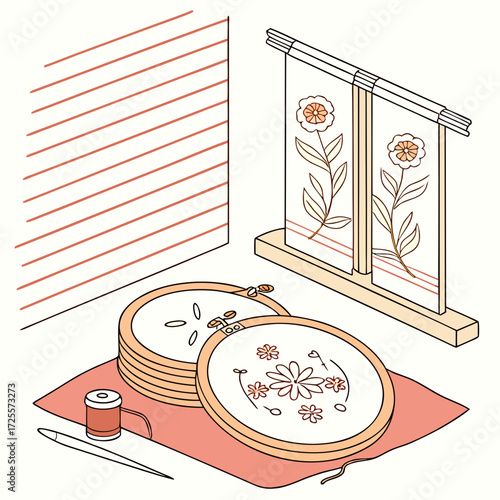 Embroidery supplies and floral motifs displayed in a cozy room