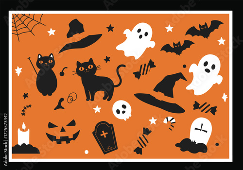 Vector art of a whimsical Halloween scene featuring a witche hat, broom, black cat, spell book, and bubbling cauldron, alongside potion bottles and a playful ghost, all set against a dark backdrop, cr