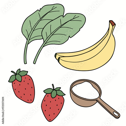 Ingredients for a healthy smoothie with spinach banana and strawberries
