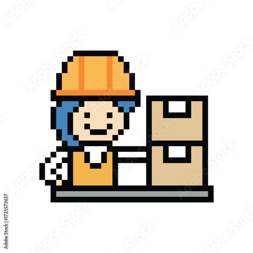 Cartoon pixel 8 bit character engineer man worker industry warehouse fix decoration 8 bit male boy male engineer storage warehouse vector.