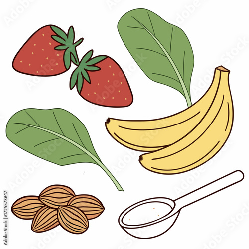 Healthy smoothie ingredients with strawberries bananas spinach and almonds