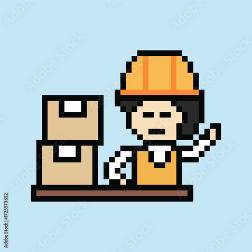 Cartoon pixel 8 bit character engineer man worker industry warehouse fix decoration 8 bit male boy male engineer storage warehouse vector.