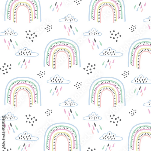 Cute scandinavian childish seamless pattern with trendy hand drawn rainbows in naive art style, can be used as kids texture for fabrics, textile, wallpaper, apparel etc, vector illustration
