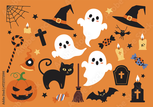 Vector art of a whimsical Halloween scene featuring a witche hat, broom, black cat, spell book, and bubbling cauldron, alongside potion bottles and a playful ghost, all set against a dark backdrop, cr