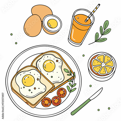 A wholesome breakfast spread with fried eggs and orange juice