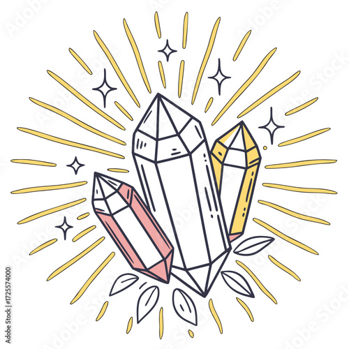 Sparkling crystals with radiant yellow rays and stars
