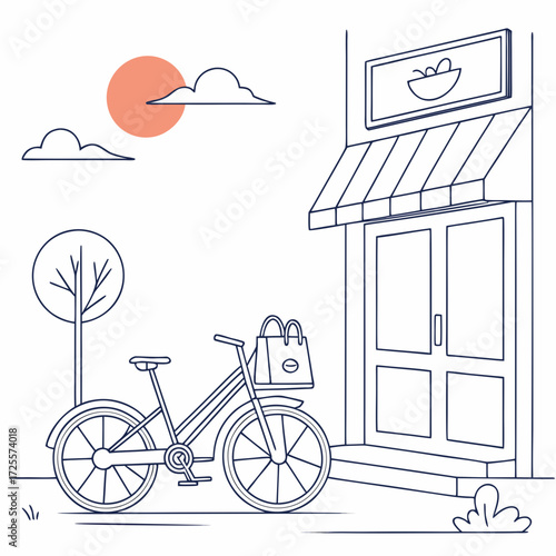 Bicycle parked outside a shop with a sun and clouds overhead