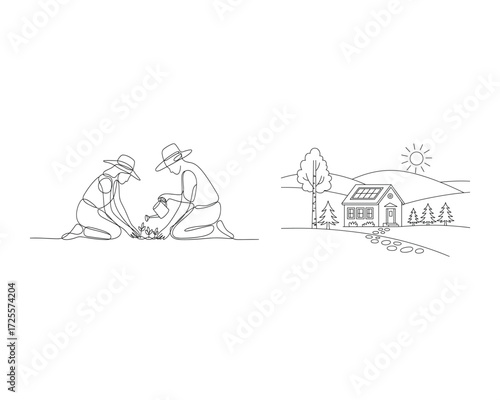 Two people planting and a house with solar panels gardening one line art drawing