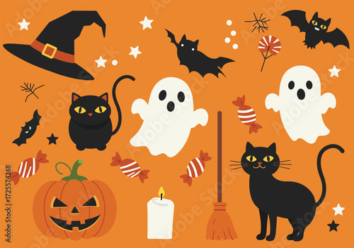 Vector art of a whimsical Halloween scene featuring a witche hat, broom, black cat, spell book, and bubbling cauldron, alongside potion bottles and a playful ghost, all set against a dark backdrop, cr