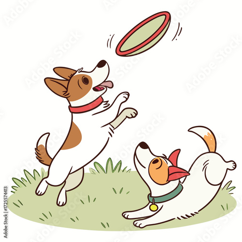 Two happy dogs playing frisbee in the grass