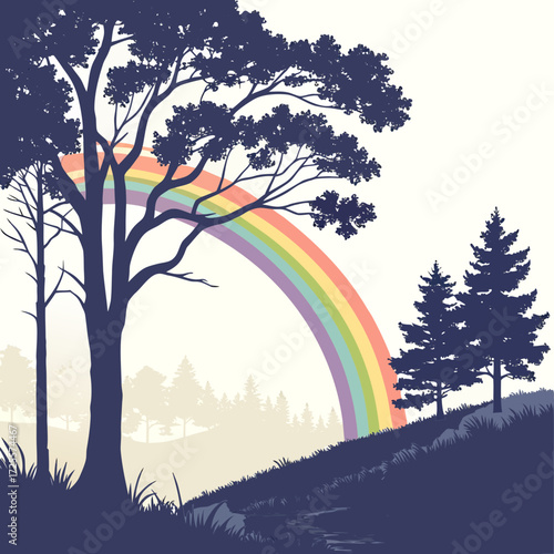 Silhouetted trees and a pastel rainbow over a grassy hillside