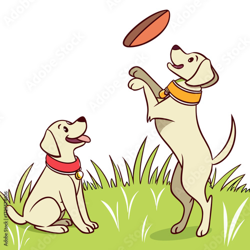 Two happy dogs playing fetch with a frisbee in the grass