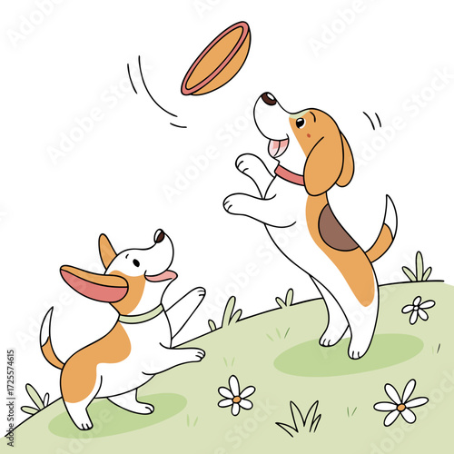Two happy dogs playing frisbee in a grassy field with flowers