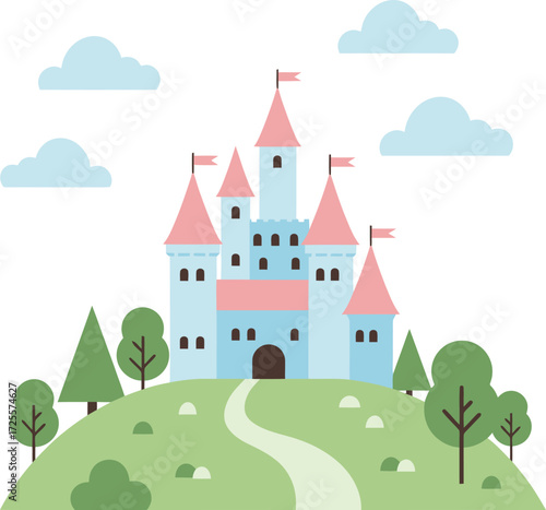 Enchanting fairy tale castle on a green hilltop with fluffy clouds and trees isolated on transparent background