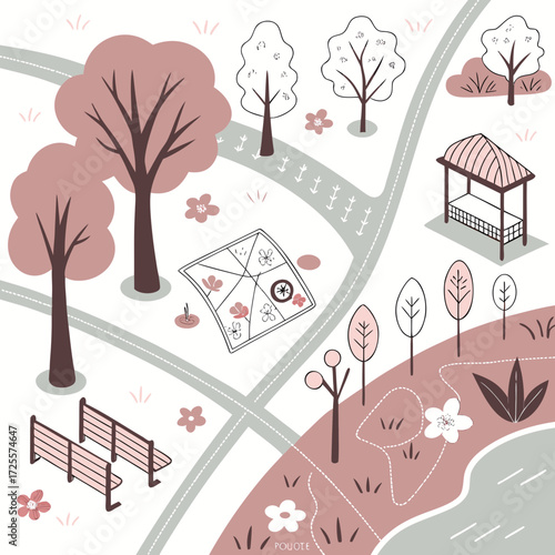 Whimsical park scene with map and gazebo