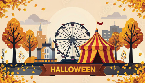 Halloween fairground with ferris wheel and autumn leaves design  