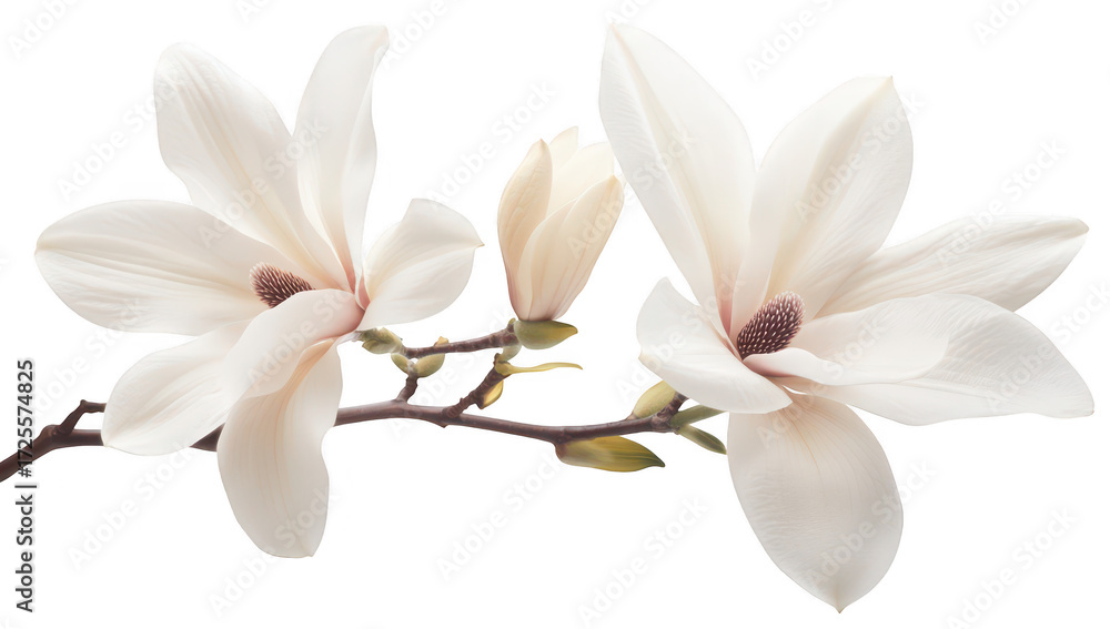 Obraz premium A close-up view of elegant white magnolia flowers blooming on a branch. their delicate petals and intricate details against a soft. neutral background. ideal for nature-themed designs