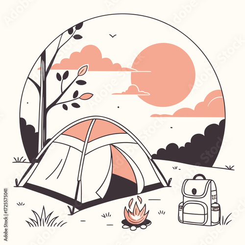 Cozy campsite scene with tent campfire and backpack under a sunset sky