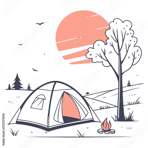 Camping scene with tent campfire and sunset
