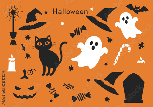 Vector art of a whimsical Halloween scene featuring a witche hat, broom, black cat, spell book, and bubbling cauldron, alongside potion bottles and a playful ghost, all set against a dark backdrop, cr