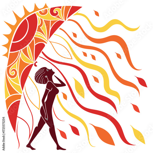Woman under stylized sun umbrella with flowing rays