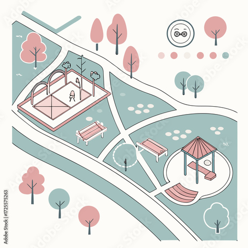 Isometric illustration of a modern park with play area and gazebo