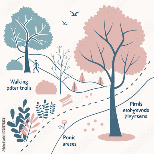 Stylized illustration of a park with walking trails and trees