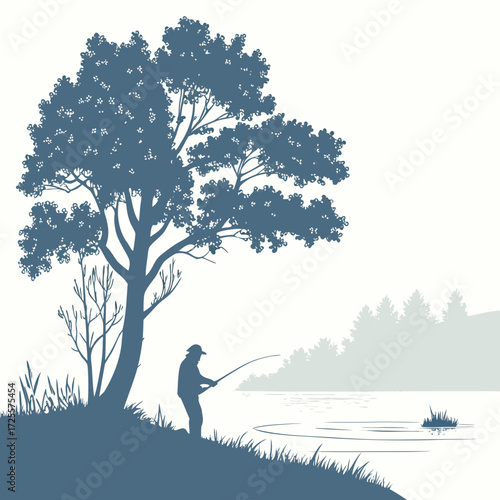 Fisherman casting line by a large tree near a tranquil lake
