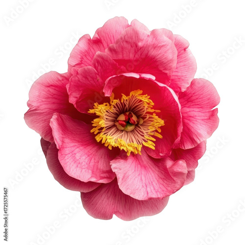 A pink peony flower with intricate yellow stamen. beautifully centered against a clean white background. ideal for floral-themed designs and nature-inspired projects