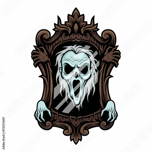 Terrifying Specter Trapped Within an Ornate Antique Mirror with Clawed Hands.