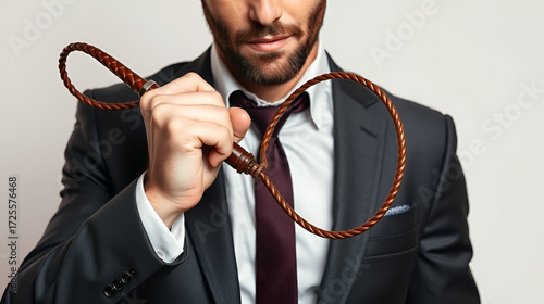 Male dominant businessman in a suit holding a leather whip Flogger for domination