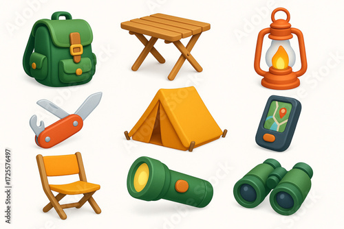 3D Cartoon Camping Gear Icons in Grid with Vibrant Outdoor Adventure Equipment