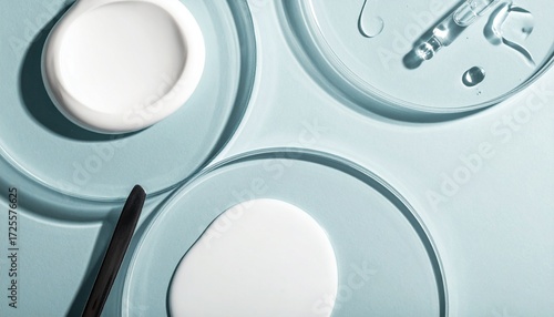 Overhead view of three glass petri dishes containing white cream, clear liquid, and a pipette on a light blue background, representing skincare or scientific research.