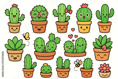 Kawaii Cartoon Cactus and Succulent Characters with Expressive Pots and Playful Accessories