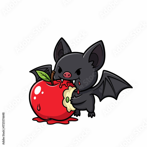 Cartoon Bat with Sharp Teeth Devouring a Red Apple with Dripping Juice.