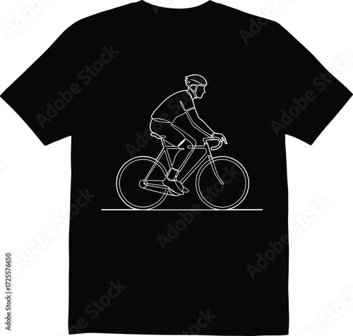Minimalist cyclist outline on black T-shirt, white line art design, helmet rider profile, modern sportswear concept, biking illustration, athletic fashion vector