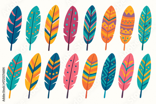 Stylized Feather Vector Collection with Colorful Patterns and Decorative Boho Design