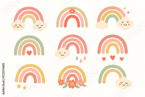 Whimsical Cartoon Rainbow Grid with Smiling Clouds and Pastel Decorative Elements
