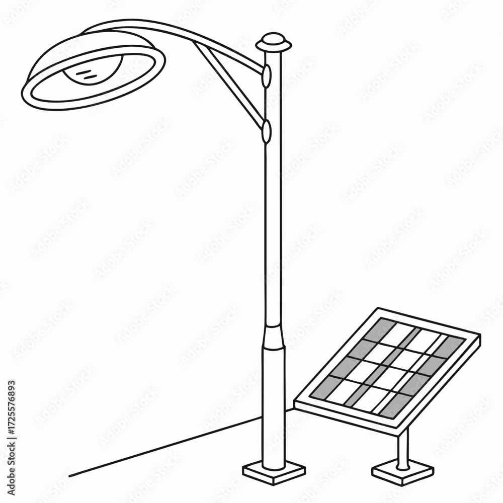 Fototapeta premium A simple line drawing illustration of a modern solar powered street lamp with a separate solar panel