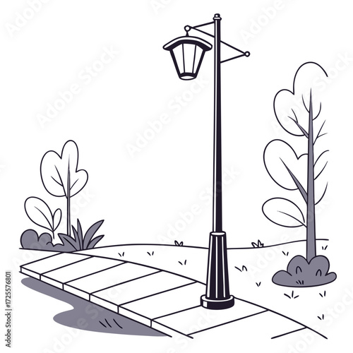 A charming cartoon illustration of a park path with a vintage lamppost and stylized trees on a white background