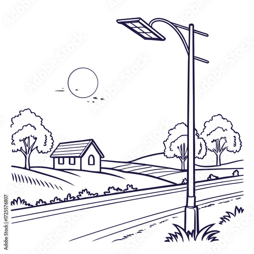 A charming hand drawn sketch of a rural landscape featuring a house trees and a solar powered street light under a bright sun