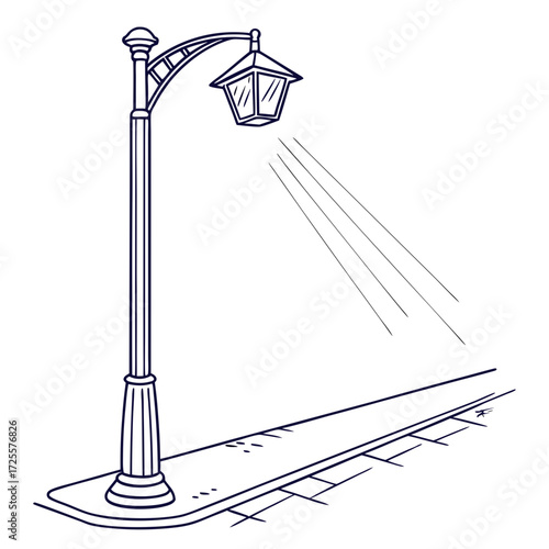 A classic vintage street lamp illuminates a cobblestone path with radiating light beams on a white background