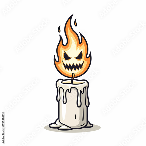 Cartoon Candle with Fiery Face and Dripping Wax Halloween Spooky Theme.