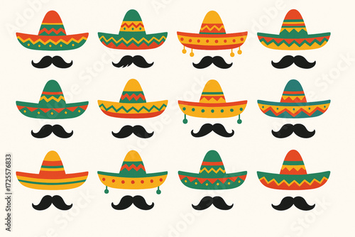 Cartoon Mexican Sombrero and Mustache Grid with Colorful Patterns and Festive Styling